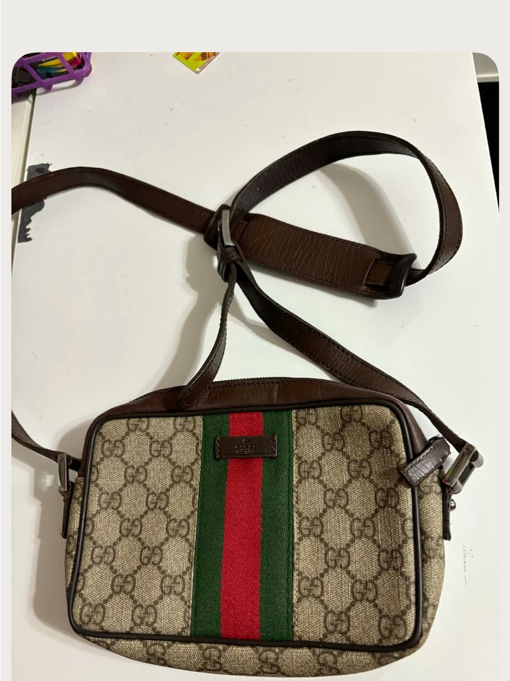 Gucci Brown GG Canvas Crossbody with Green-Red Web Stripe